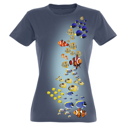 Camiseta feminina com estampa colorida de peixes, azul