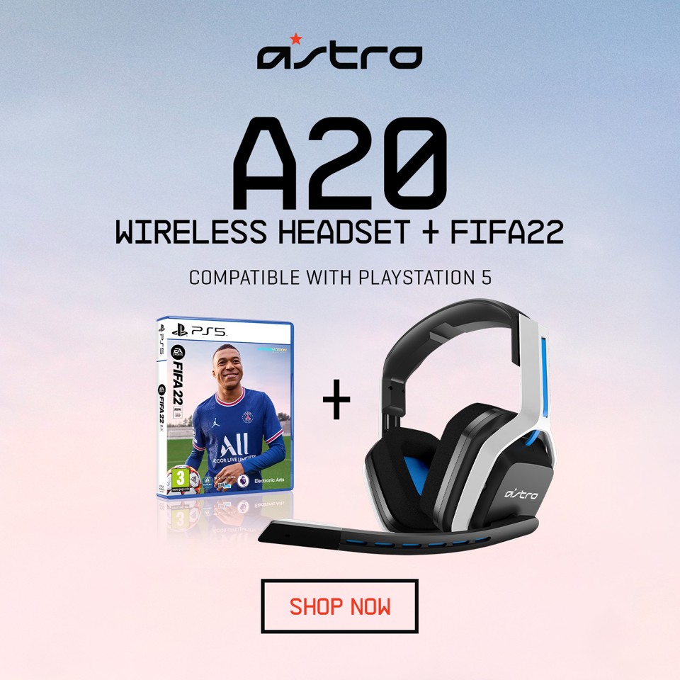 ​Astro Gaming A20 Wireless Headset PS5/PS4/PC/Mac - White/Blue​ + FIFA 22 Game Bundle