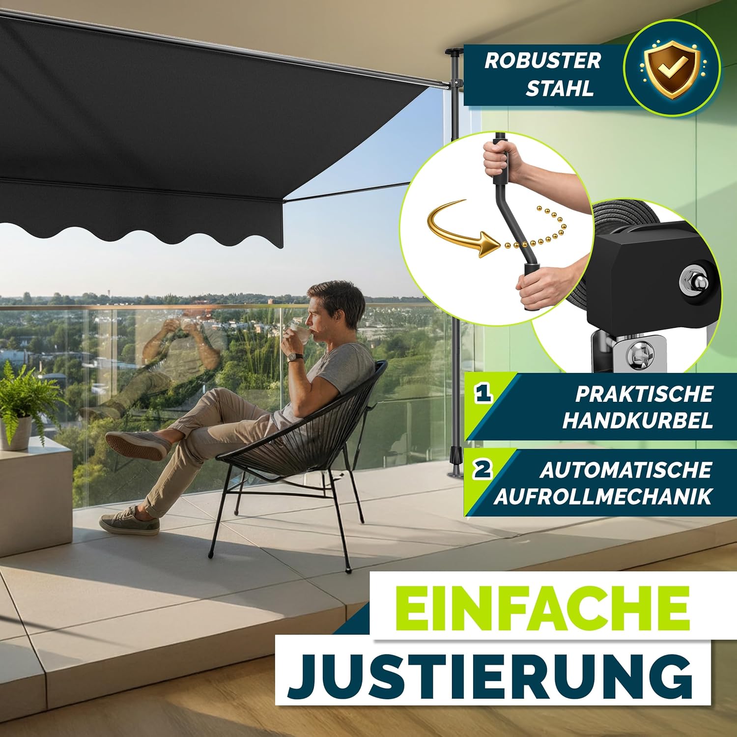 tillvex Klemmmarkise mit Handkurbel Balkon | Balkonmarkise ohne Bohren | Markise UV-beständig & höhenverstellbar | Sonnenschutz Terrasse & Garten wasserdicht (Anthrazit, 400cm)