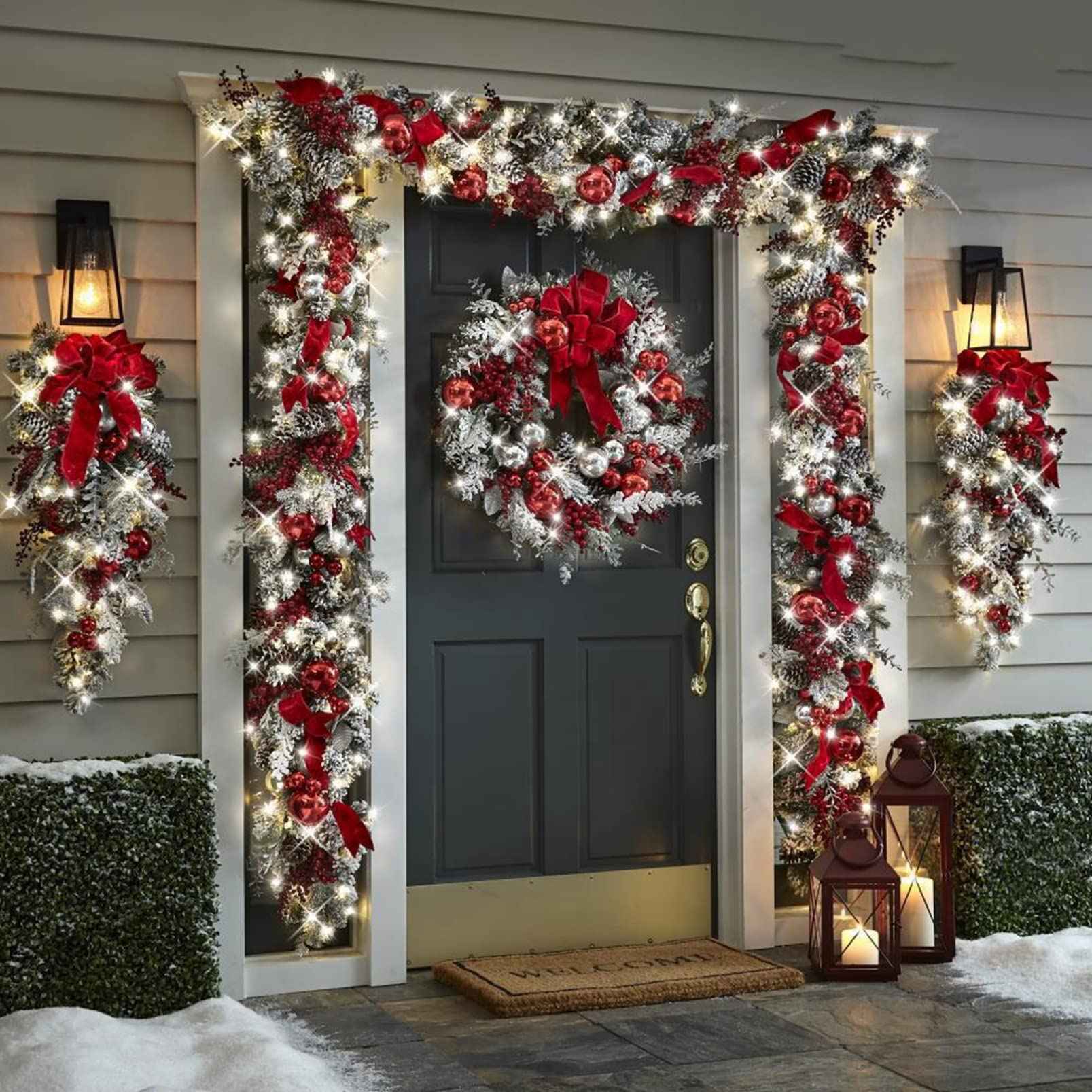(Ø45cm) Advents Türkranz Weihnachts Deko Christmas Kranz Lorbeeren / Tannenzweige / Tannenzapfen / Schleife - Silber / Rot