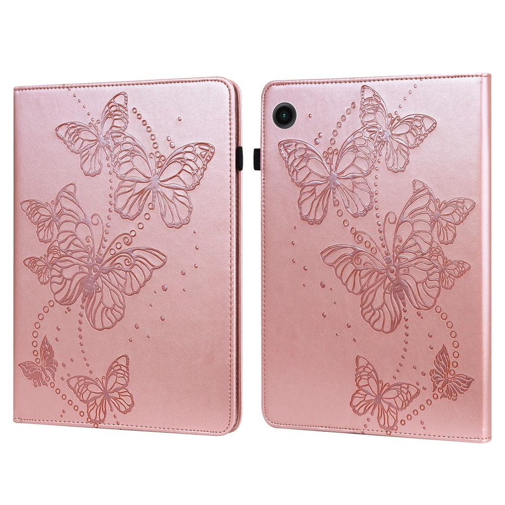 Samsung Galaxy Tab A9  Plus Leder Tasche Flip Cover Butterflies Imprint   S-Pen Halterung - Roségold