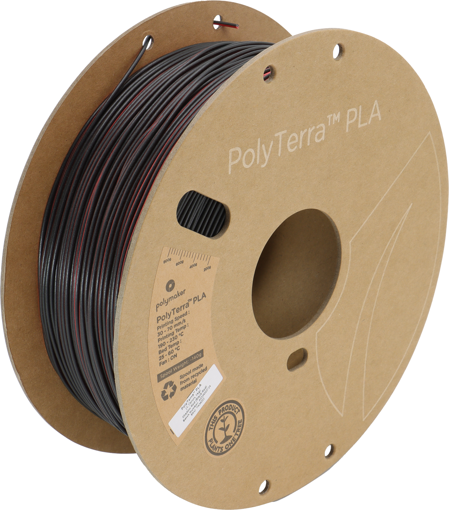 Polymaker  PolyTerra PLA Dual Shadow Red Black-Red, 1,75 mm / 1000 g    Umweltfreundliches, zweifarbiges PLA-Filament mit mattem Finish