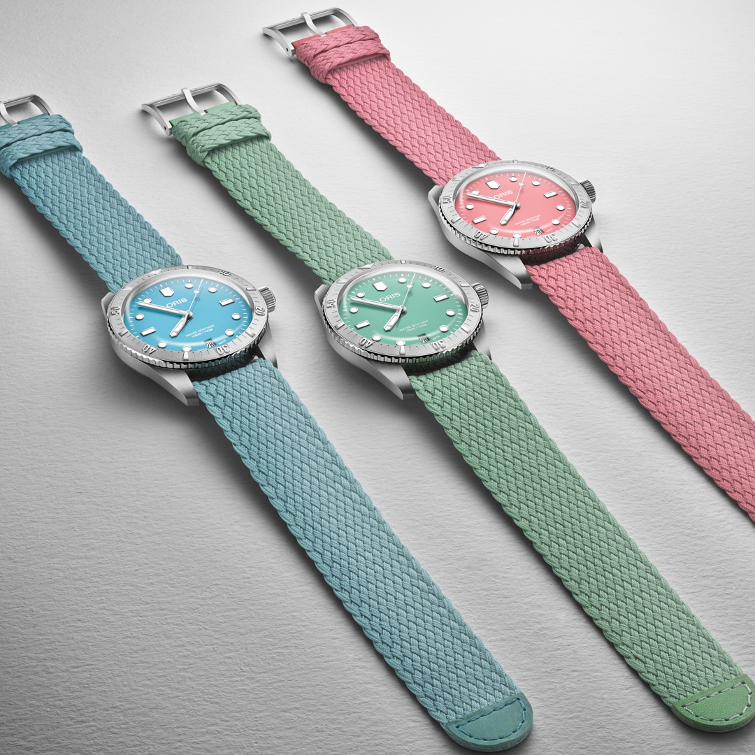 Oris Divers Sixty-Five Cotton Candy Blau auf Perlonband