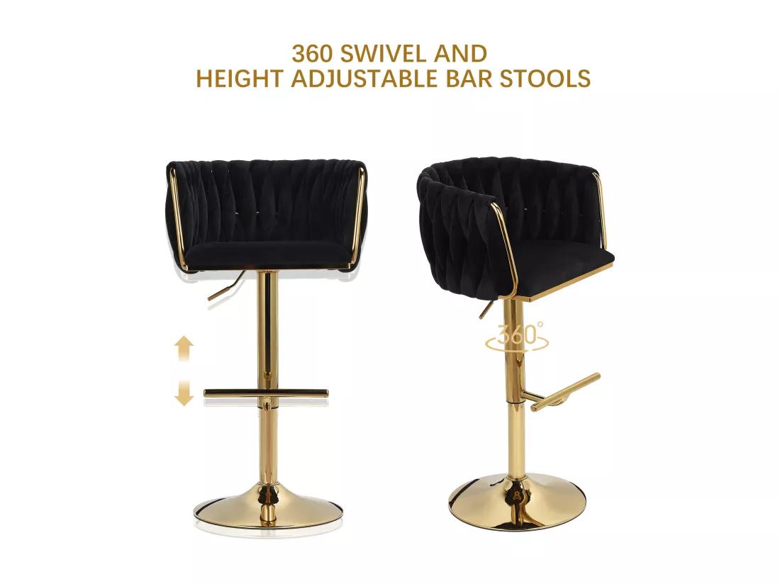 Lot de 2 Tabouret de Bar Réglable en Velours Chaise Bar Haute Tabourets de comptoir avec Pied Doré, Tabourets pour Bar/Cuisine, Noir