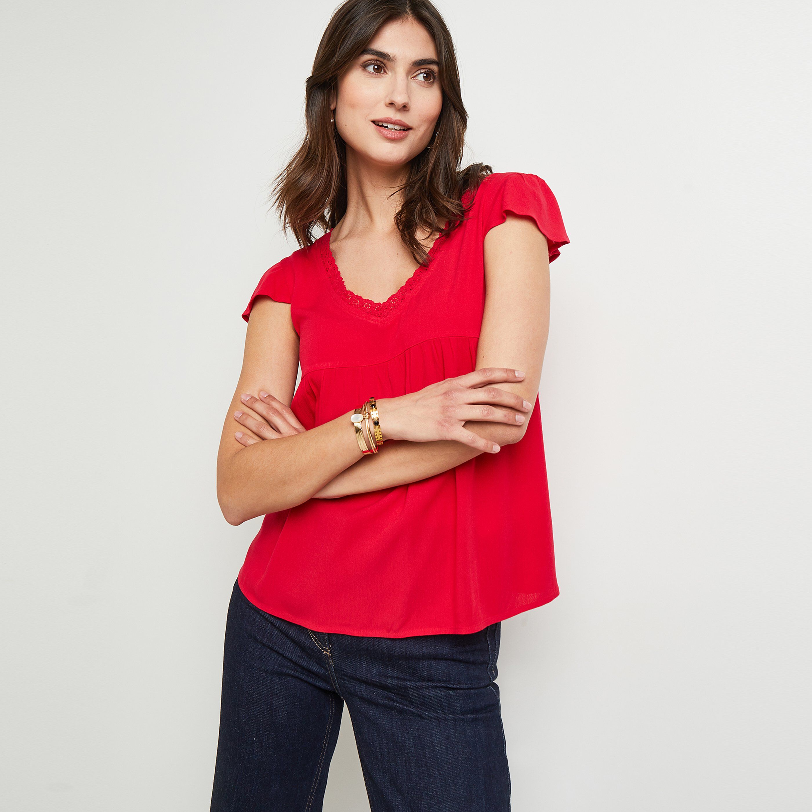 Blouse manches courtes col V - FUSHIA