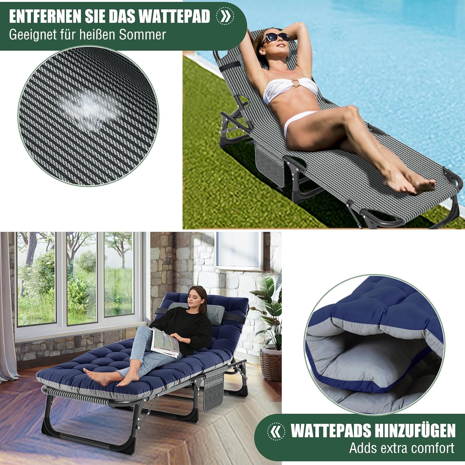 2er Set Klappbar Sonnenliege Gartenliege, 68cm Breite 200kg Loading mit Matratze und Kopfstütze Klappbar Liegestuhl, Geeignet für Balkon, Strande, Garten, Kann als Campingbett und Gästebett