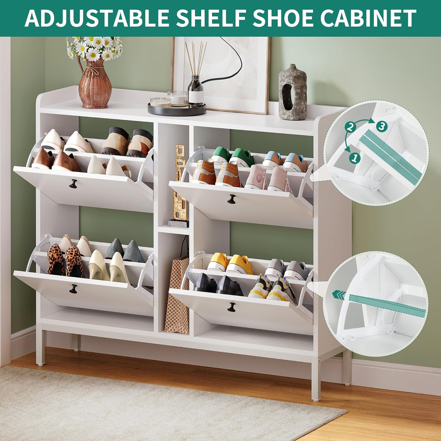 YITAHOME Schuhschrank Schmal mit 4 Klappen, 108 x 27.5 x 95.5 cm für 16 Paar Schuhe mit 2 Offene Regale, Schuhschrank Weiß, Schuhkipper, Schrank Flur Schuhkommode im Flur, Platzsparend