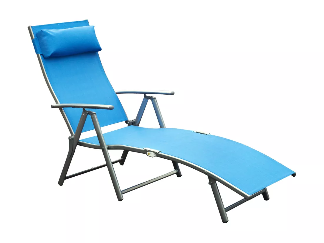 Outsunny transat chaise longue bain de soleil pliable dossier inclinable multi-positions têtière fournie 137L x 64l x 101H cm métal époxy textilène bleu