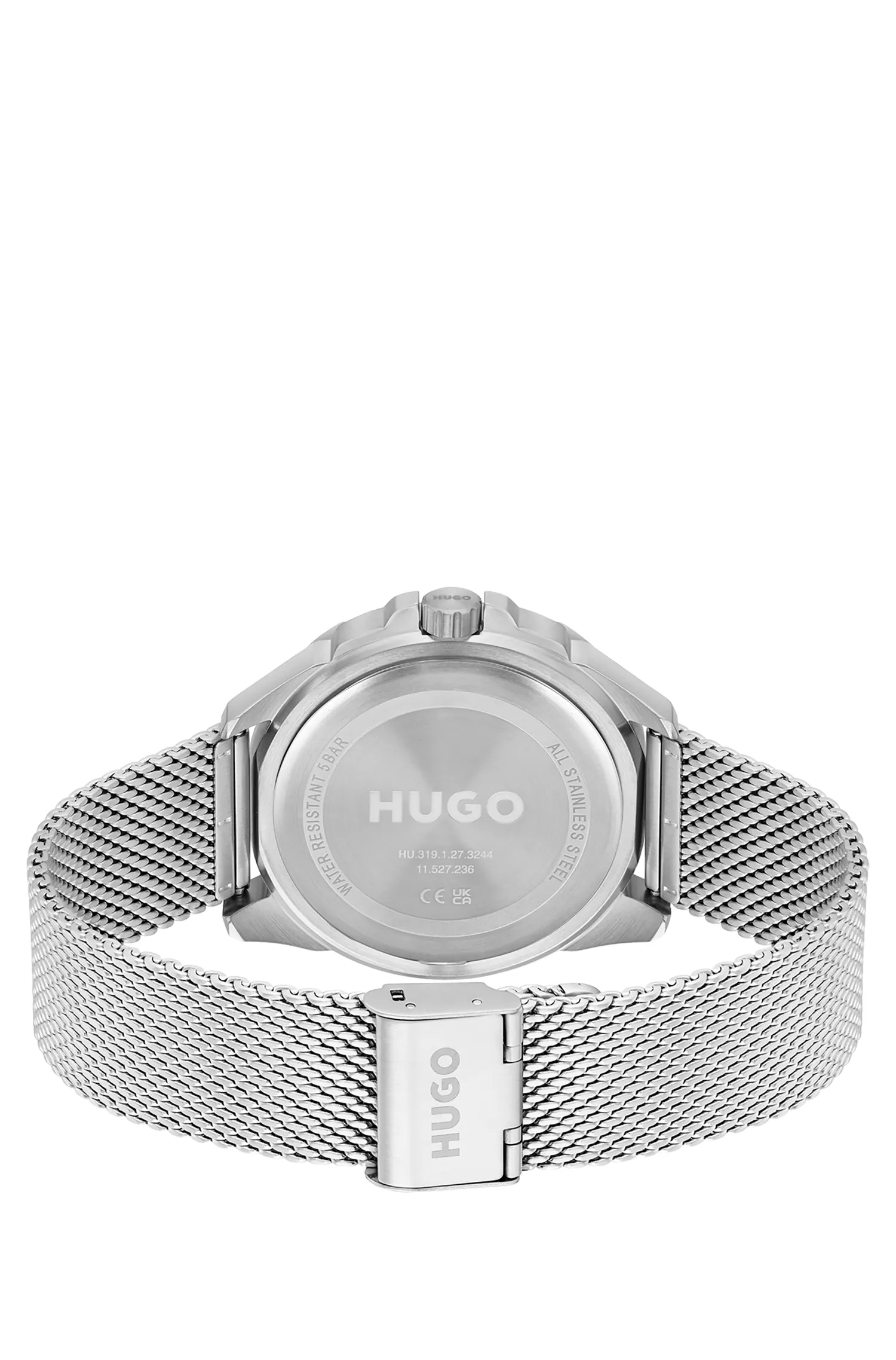 Relógio HUGO com pulseira de malha vermelha e mostrador azul.