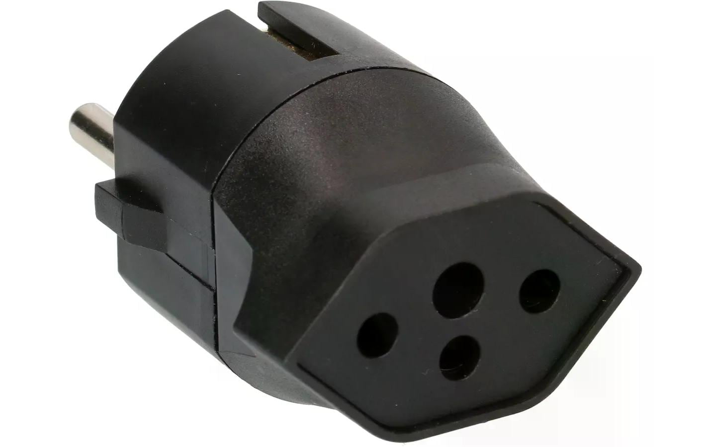 Fixadapter Schuko auf T13, SchwarzÜbergangsstecker zur Nutzung von 3-poligen Geräten mit Schweizer-Stecker in Ländern mit Schuko-Steckern