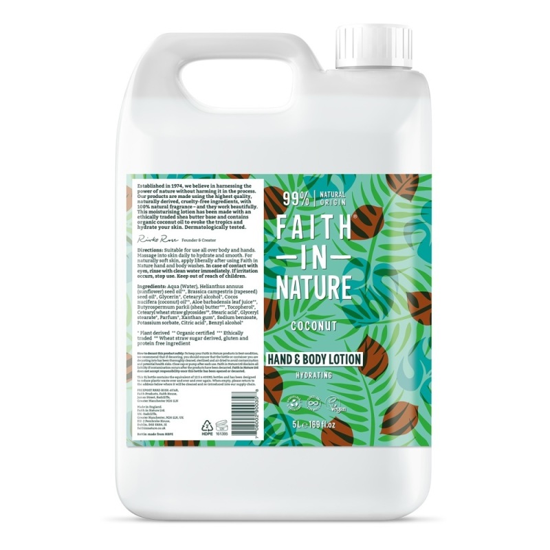 Faith In Nature Hand & Body Lotion Coconut Navulverpakking 5lt