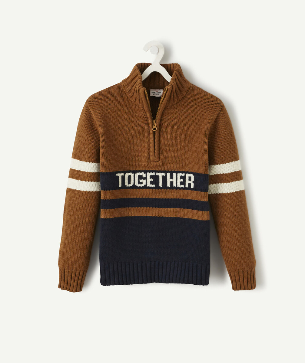 LE PULL EN TRICOT MARRON BLEU ET BEIGE AVEC ZIP ET ANIMATION