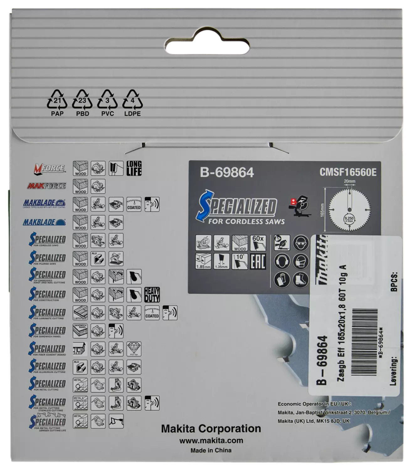 Makita B-69864 Efficut Afkortzaagblad Hout - 165x20x1,85mm 60T