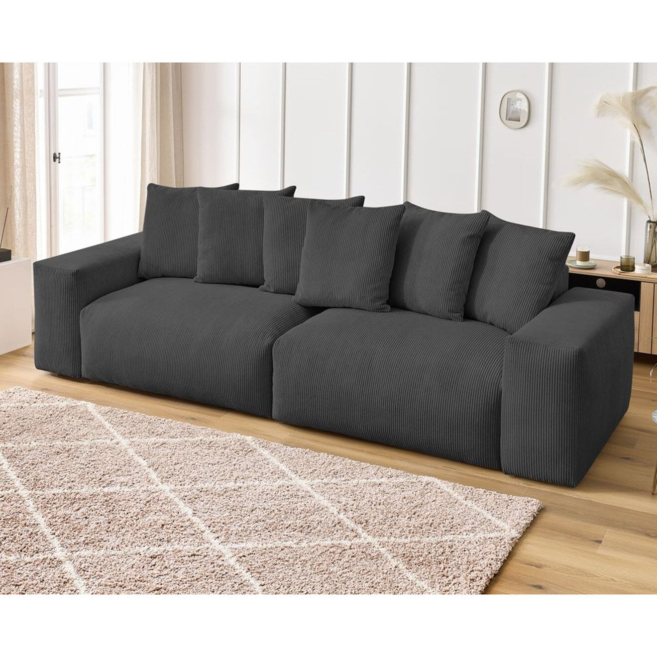 Bobochic Canapé 4 places moelleux voltaire velours côtelé gris foncé - 320x124x75 cm