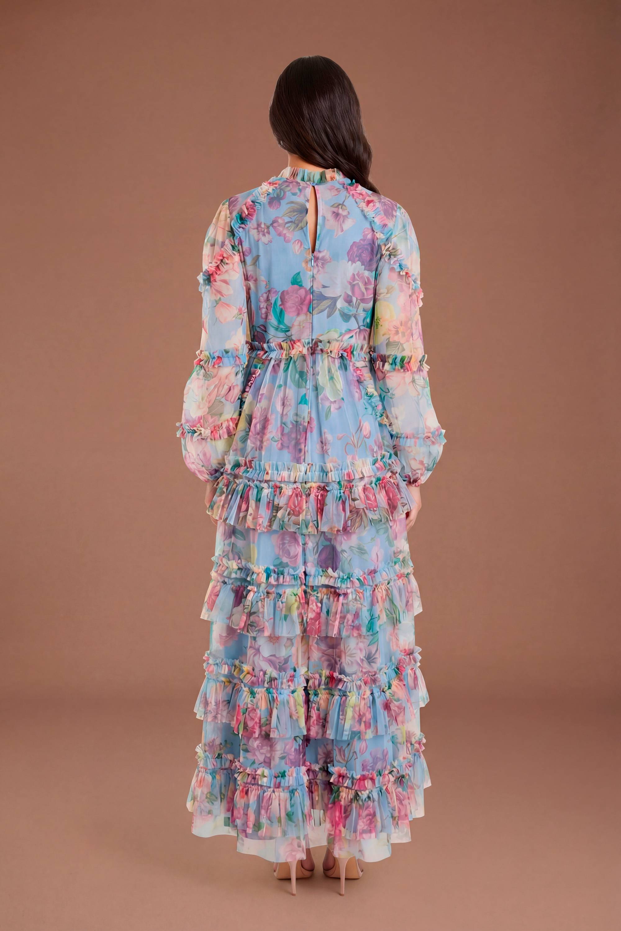 Coast Robe Longue En Mesh À Volants Étagés Imprimée