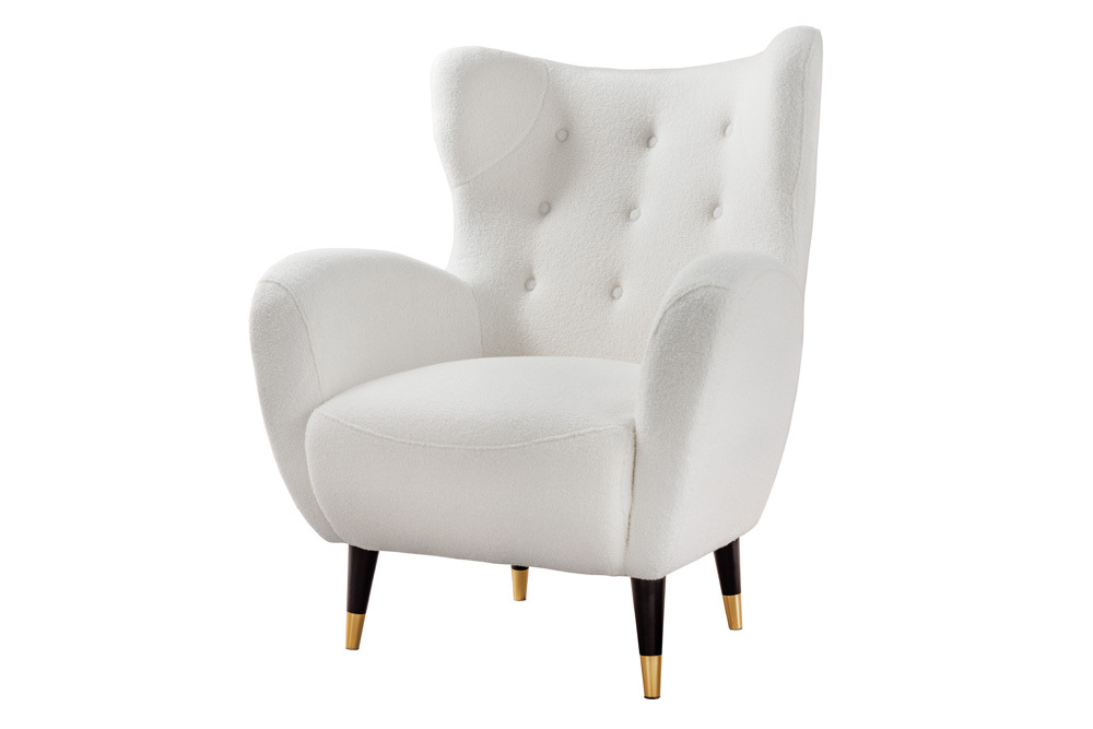 Retro Design Sessel DON weiß Bouclé Federkern goldene Fußkappen