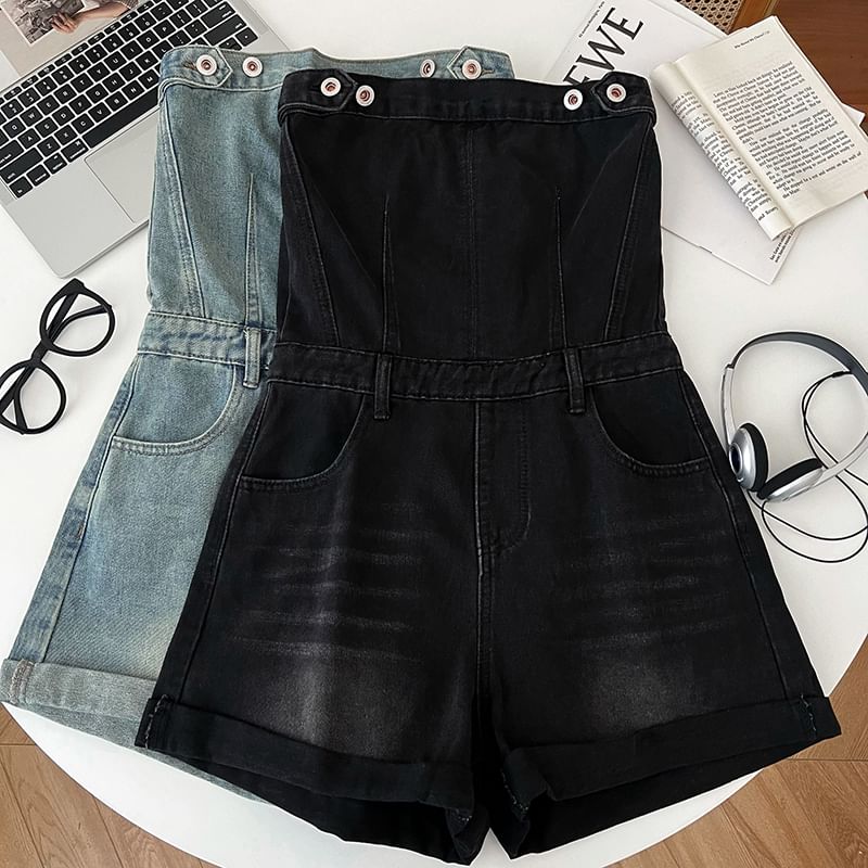 Babique - Strapless denim romper met wijde pijpen