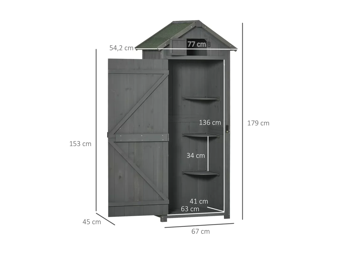 Armoire abri de jardin remise pour outils 3 étagères 2 portes loquets toit pente bitumé 77L x 54l x 179H cm sapin traité gris