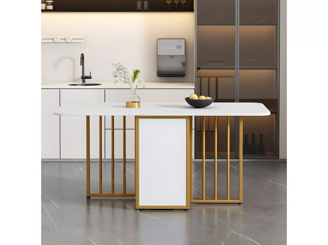 Table à manger pliante rétractable polyvalente avec étagères de rangement - Panneaux de particules - Blancs & Doré