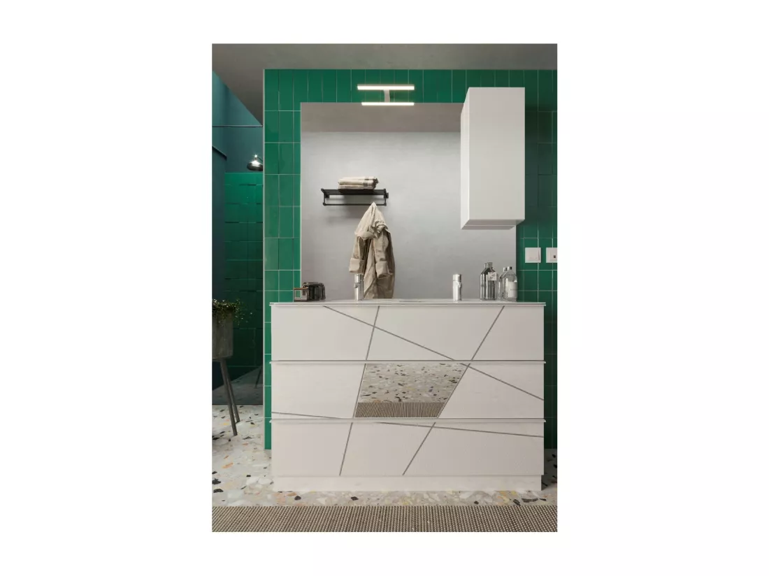 Meuble de salle de bain avec deux vasques et 3 tiroirs, collection VITARIO. Coloris blanc brillant