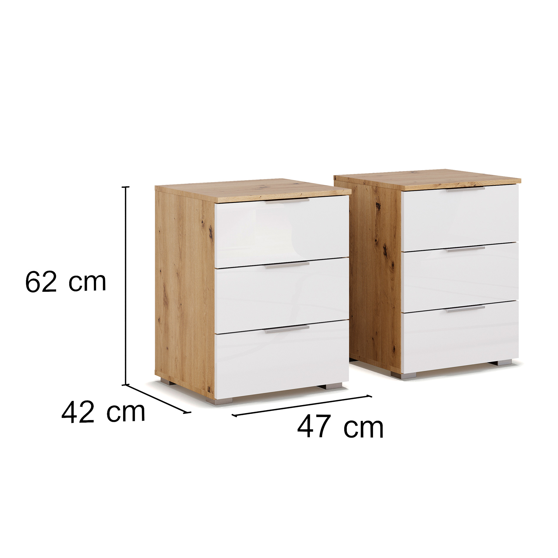 2er-Set-Nachttisch - Artisan Eiche-weiß Hochglanz - 3Schubkästen - 47 cm