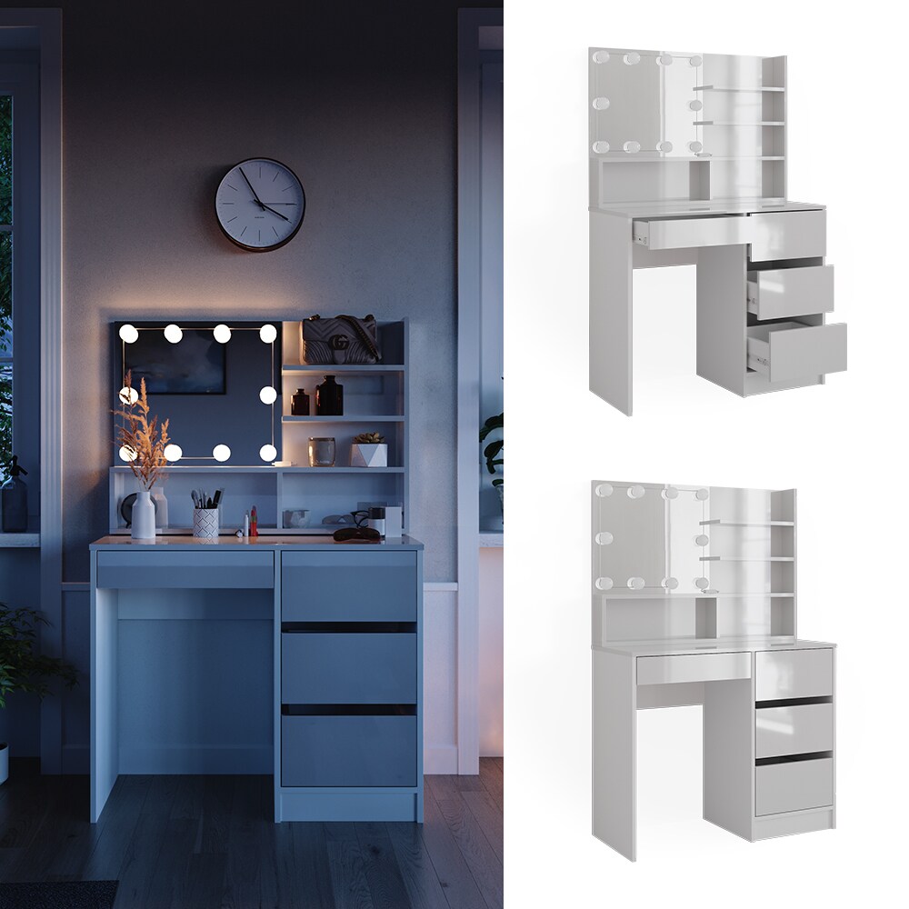 Vicco Schminktisch Sherry Weiß Hochglanz 90 x 75 cm Spiegel Regal LED modern