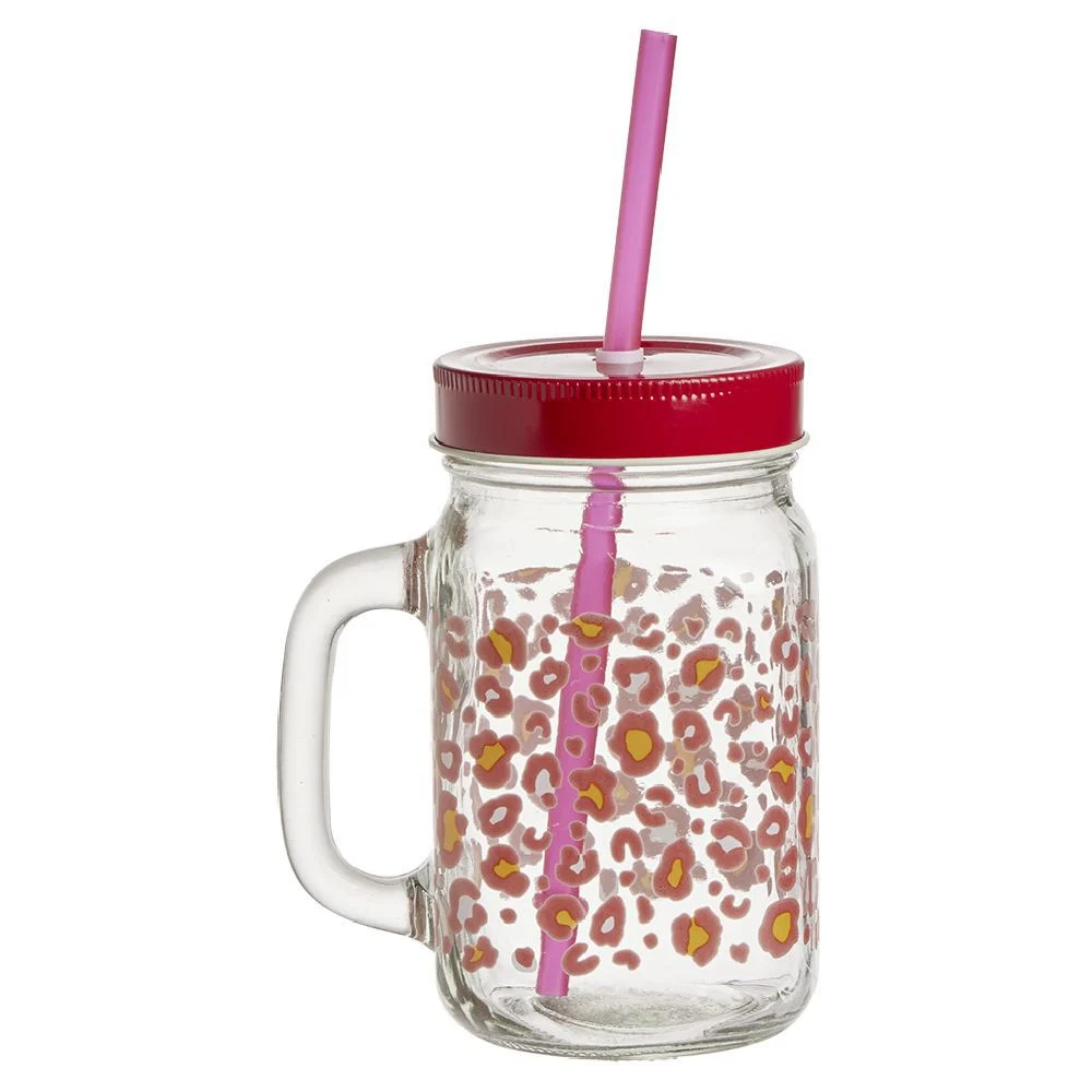 Gobelet en verre imprimé avec poignée paille et couvercle 480ml