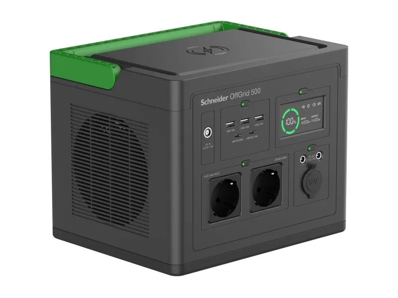 Schneider OffGrid 500 - Transportabel strømstation - LCD, lithium-ion, 2 CEE 7/3 schuko stik, sinusbølge, 3 USB-A, 2 USB-C, trådløs oplader - AC 195 - 265 / DC 12 -30 V - 500 Watt - Litiumion - 517 Wh - output-stikforbindelser: 2 - sort, grøn