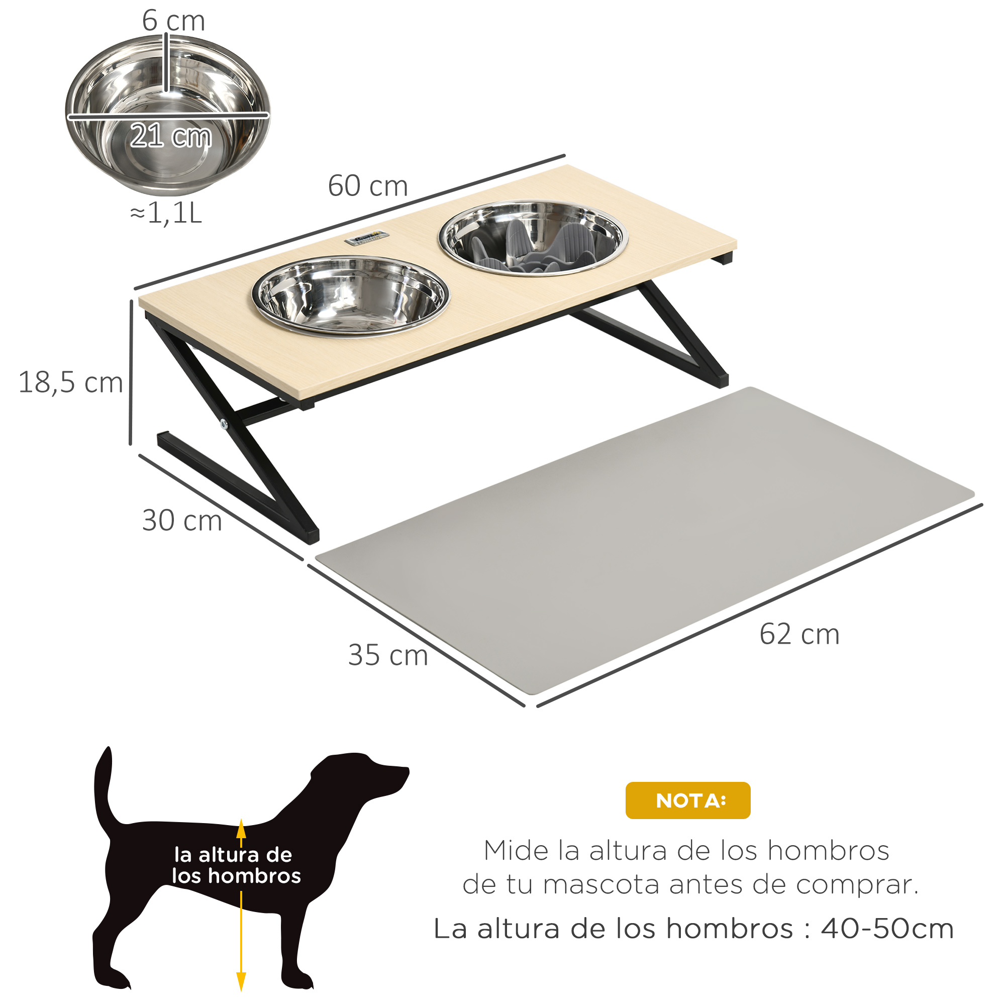 Comedouro elevado PawHut para cães com tapete e comedouro lento, inclui 2 tigelas de aço inoxidável, 1100 ml, para cães de porte médio, 60x30x18,5 cm, cor carvalho.