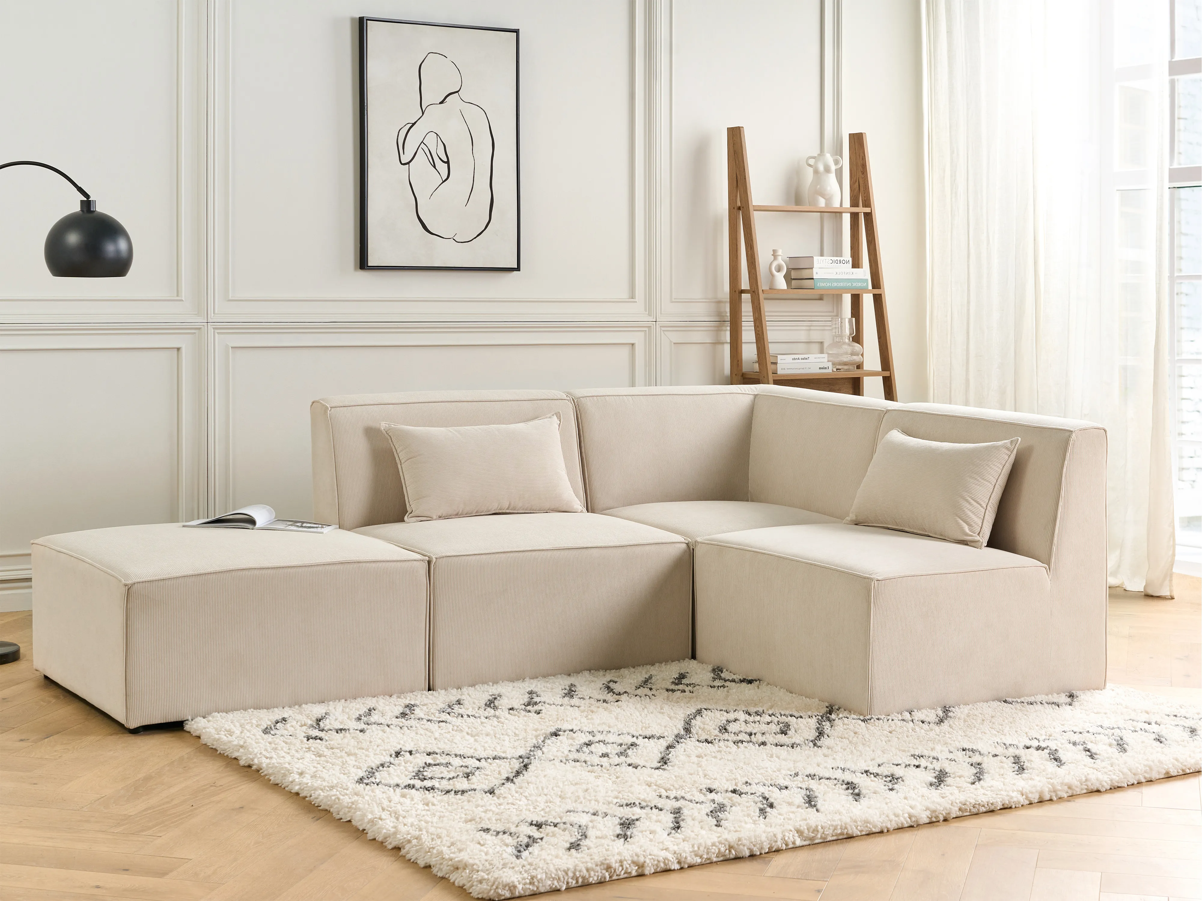 Modulaire hoekbank 3-zits LEMVIG Corduroy Lichtbeige met ottomaan linkszijdig