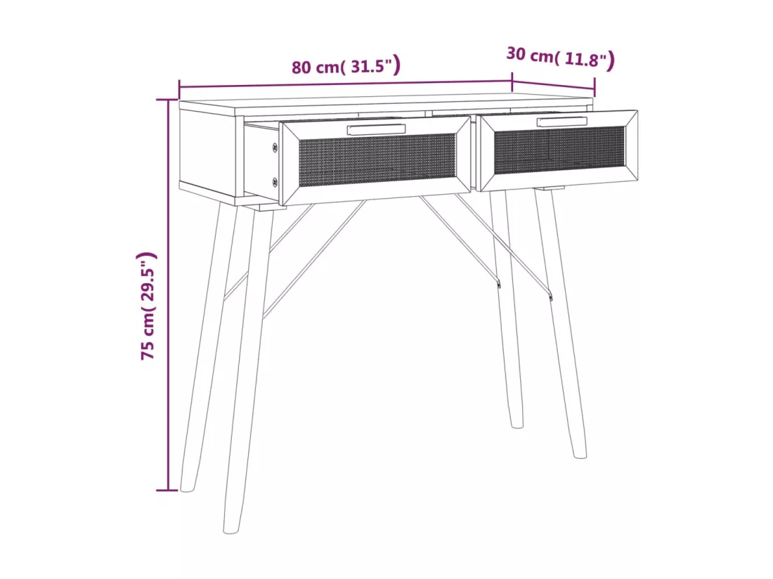 Table console Marron 80x30x75 cm Bois massif pin /rotin naturel