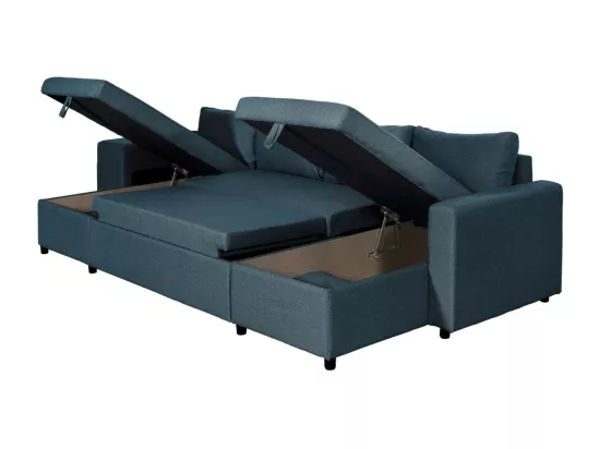 Canapé d'angle panoramique Oslo convertible avec coffres et poufs à gauche - Tissu - Bleu pétrole - L311 x P146 x H81cm - Loungitude