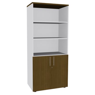 Bibliothèque IDRA/DUAL avec 2 portes basses - L80 x H180 x P47 - Corps blanc - Portes et dessus imitation noyer