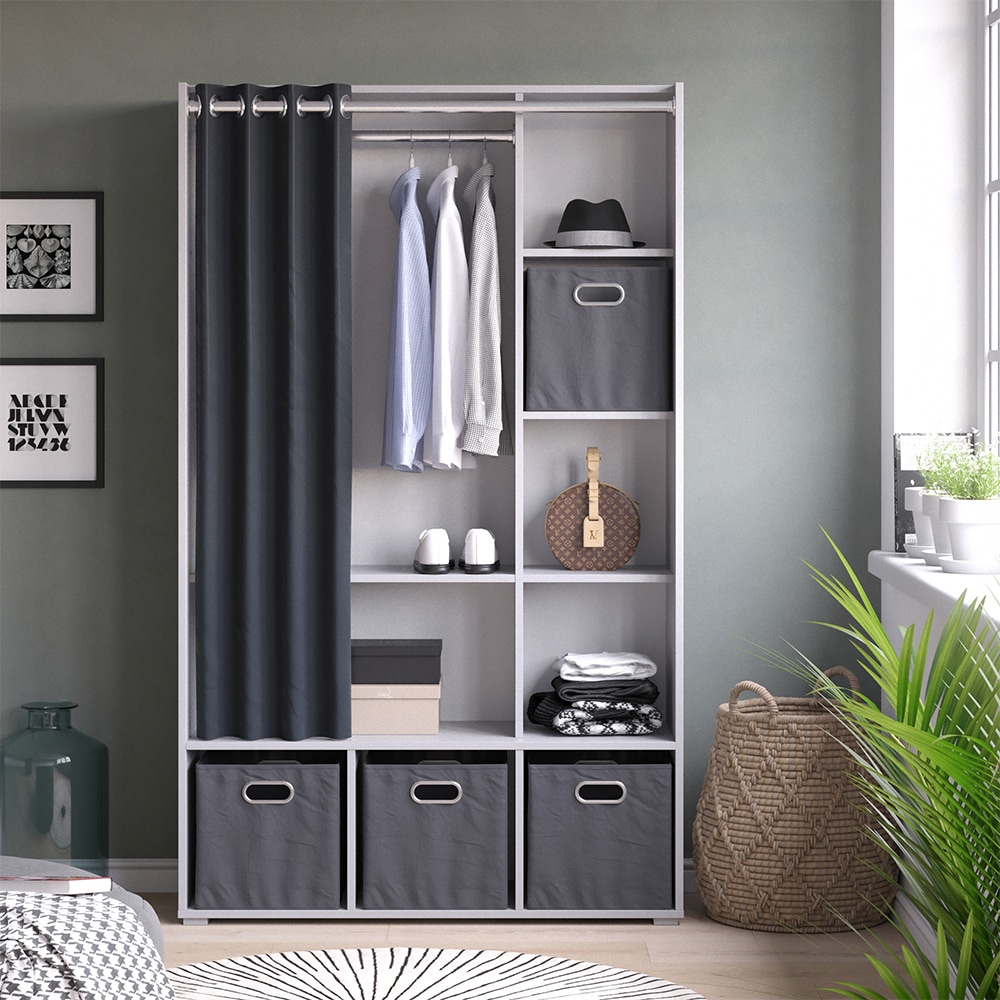 Vicco Kleiderschrank Schlafzimmerschrank Garderobe Luigi Hellgrau Faltbox 106 x 178 cm modern Schrankregal Organizer Vorhang Kleiderstange Fächer Aufbewahrung Ablage