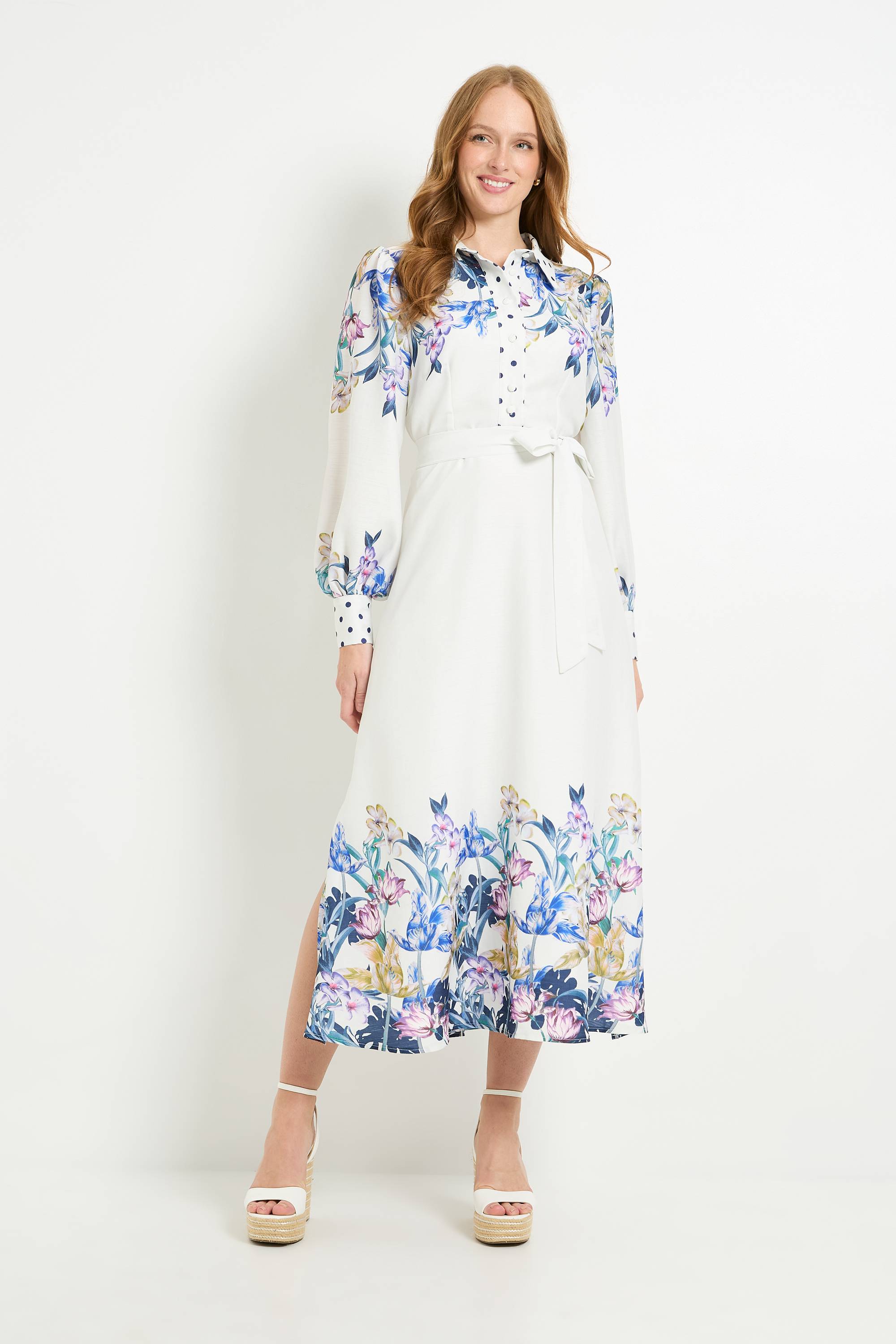 Wallis Robe Chemise Midi À Fleurs Avec Ceinture