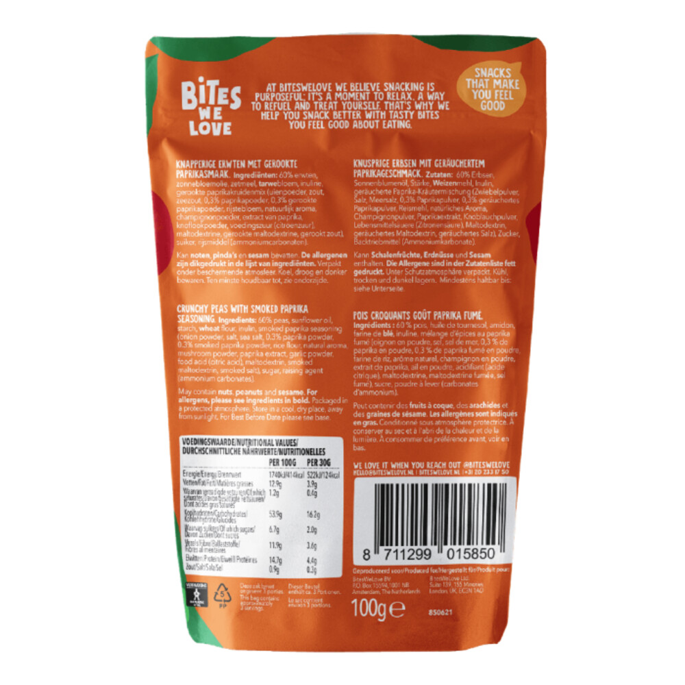 6x BitesWeLove Crunchy Peas Smoked Paprika100 gr