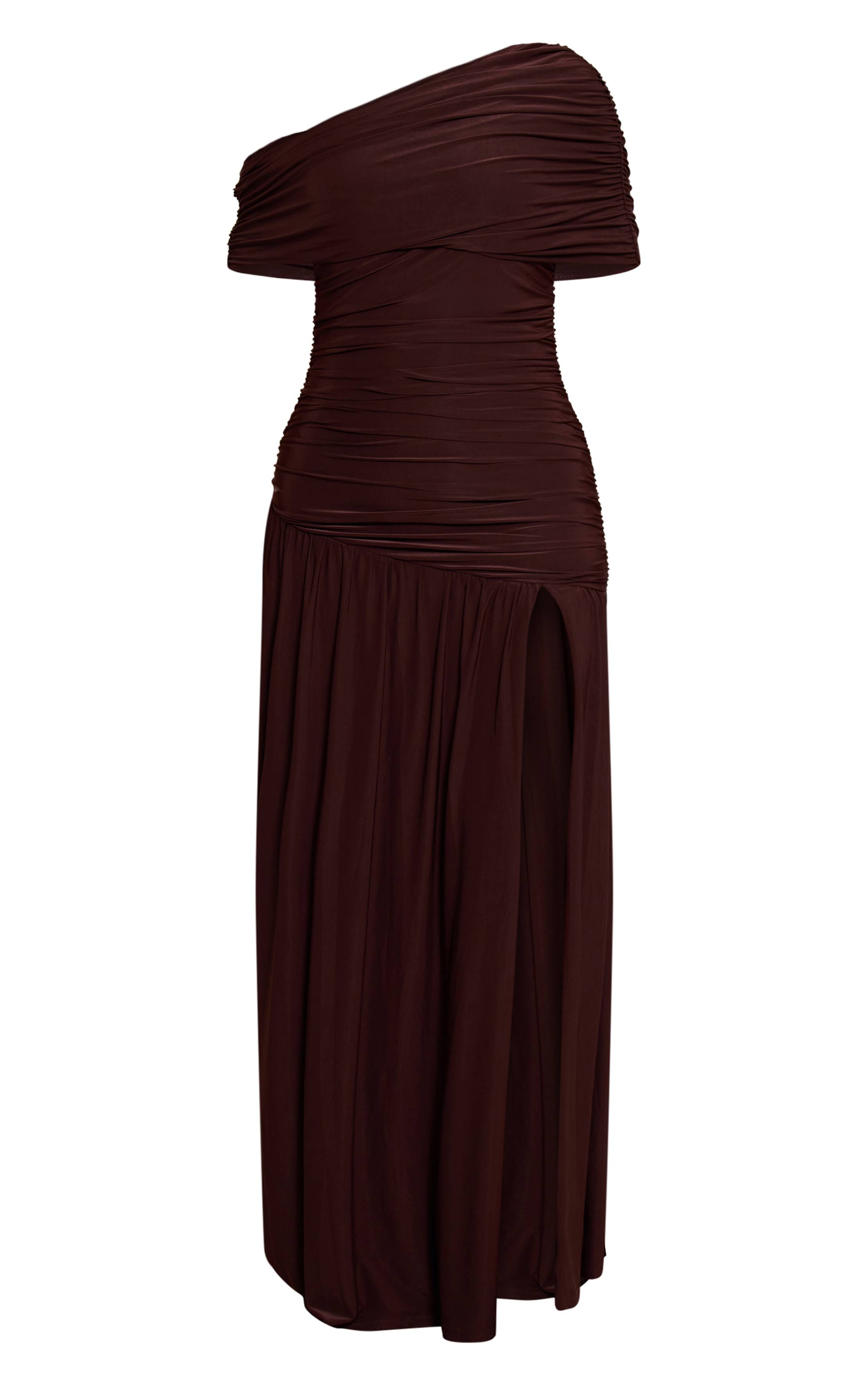 Chocolat Robe Maxi Bardot Asymétrique Avec Fente Latérale Petite Taille