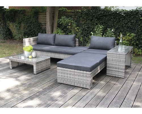 Garden Place Chicago 4-persoons tuinmeubelset, 4-delig, inclusief 2 bijzettafels (89 x 56 x 30 cm en 99 x 41 x 56 cm), grijs polyrotan, inclusief zitkussens