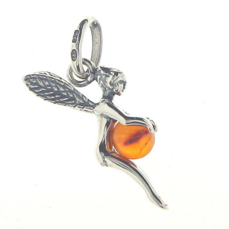 Pendentif Fée clochette et sa perle en ambre en argent + chaine