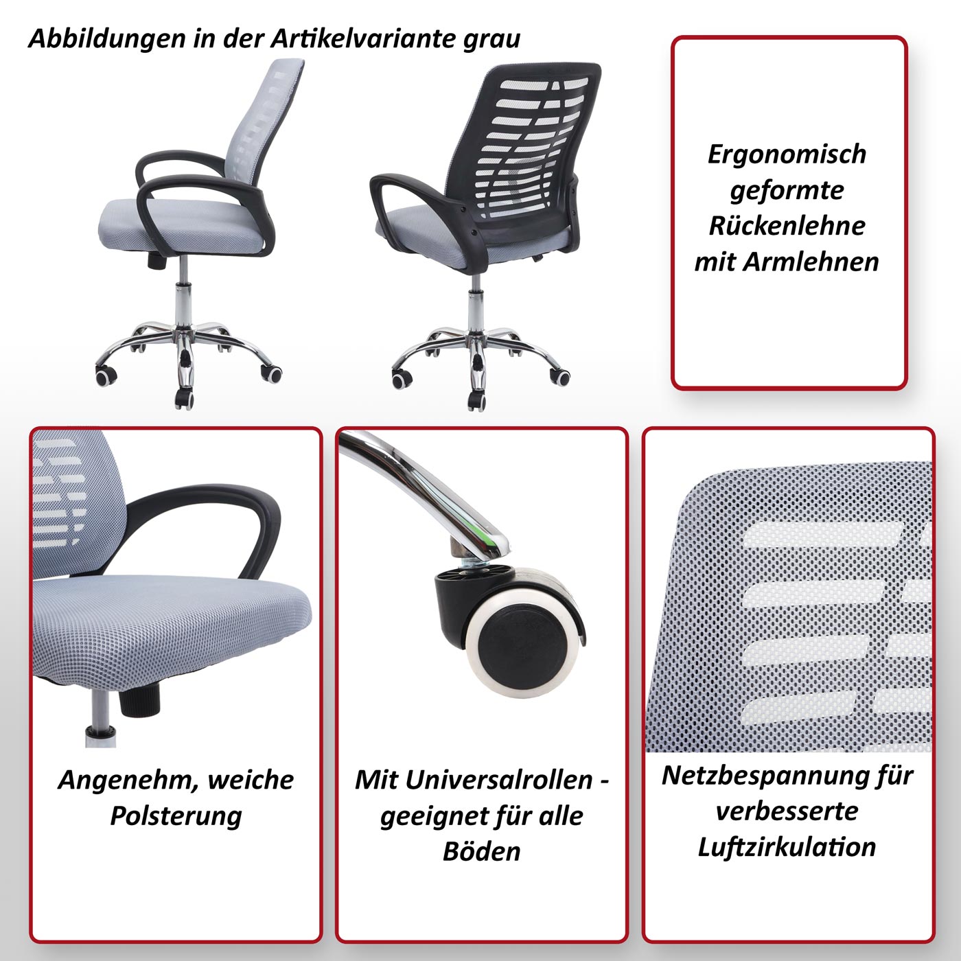 Bürostuhl MCW-L44, Schreibtischstuhl Computerstuhl, ergonomische Rückenlehne, Netzbezug Stoff/Textil ~ grau