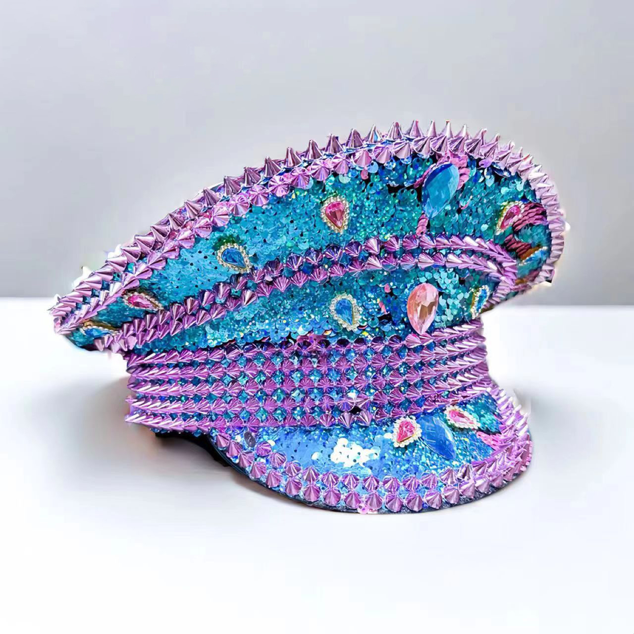 Hochwertiger Kapitän Hut Fasnachts Mütze Kostüm Zubehör Motto Party Accessoire Foto Requisite mit Strasssteinen   Pailletten - Lila / Blau