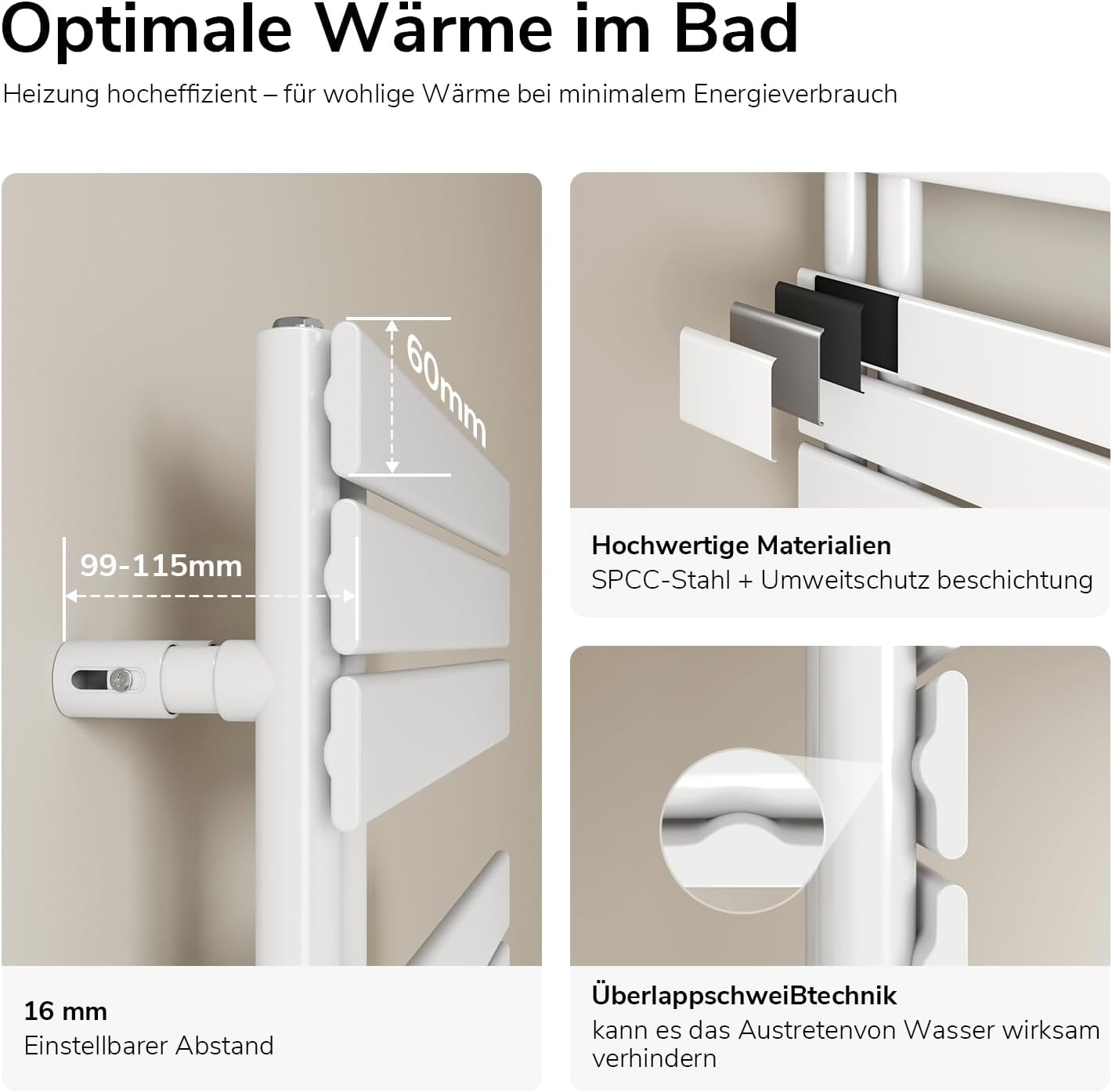 EMKE WiFi Handtuchheizkörper Elektrisch 762x400 mm - Flach Badheizkörper Elektrisch, Elektrischer Handtuchwärmer Handtuchtrockner Handtuchheizung mit Thermostat und Heizstab - 400W, Weiß