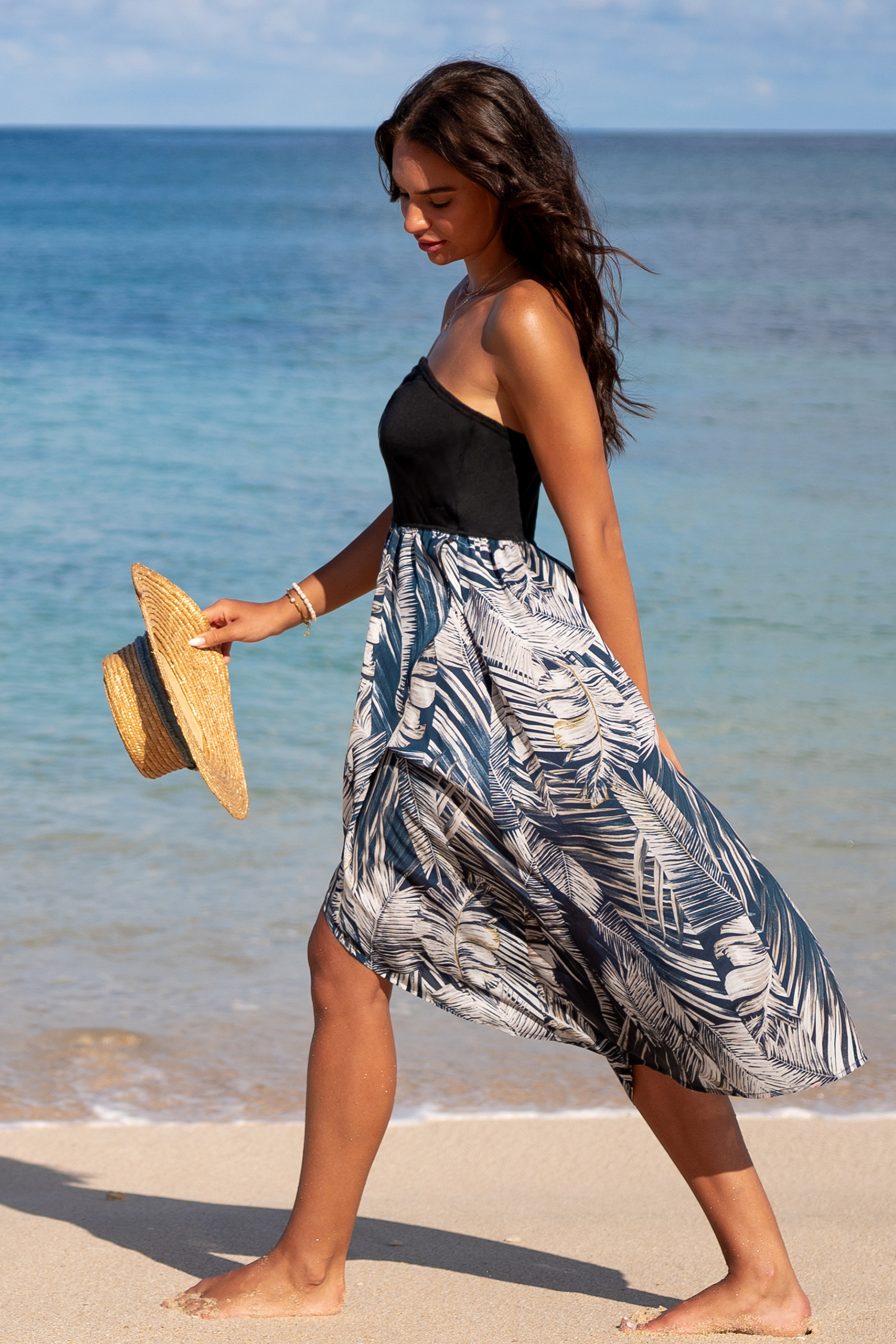 Robe tube midi à imprimé feuilles tropicales bleu marine