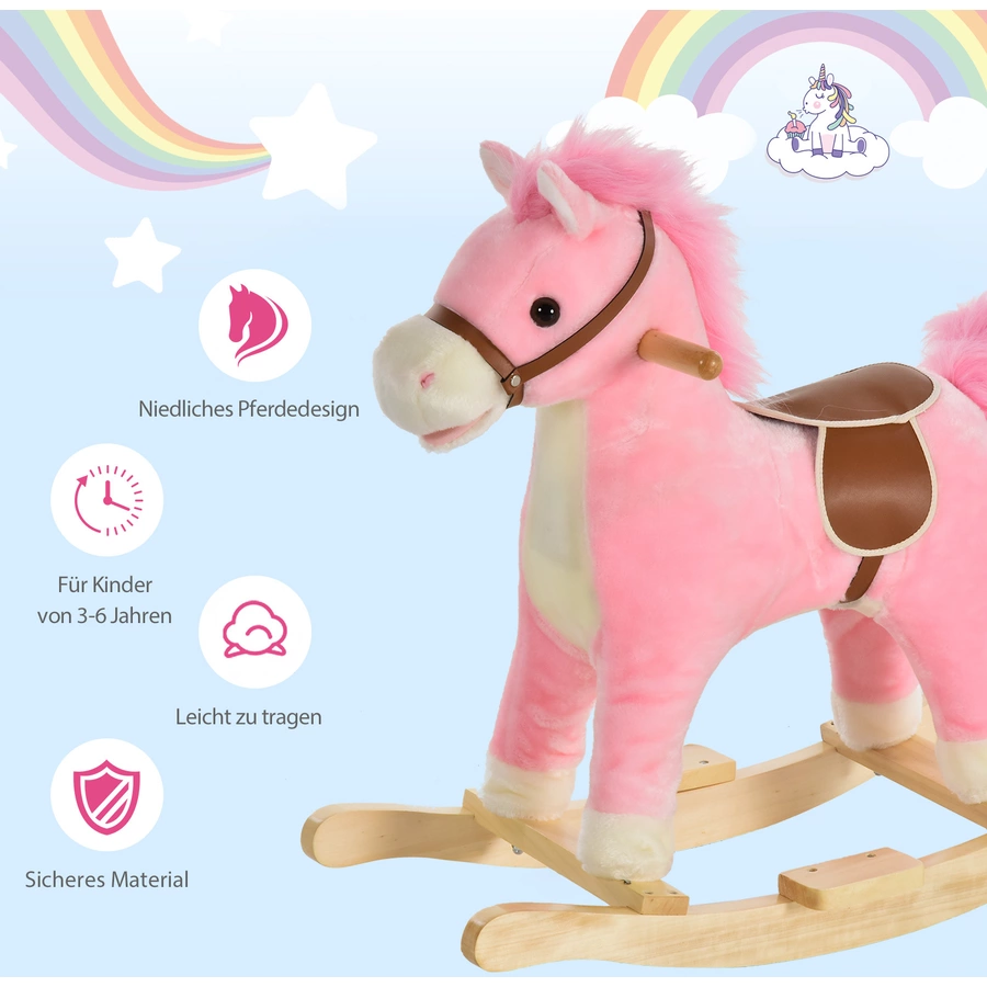 HOMCOM Kinder Schaukelpferd mit Tiergeräusche rosa
