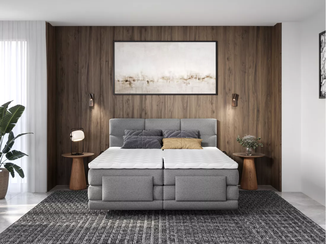 Ensemble complet boxspring tête de lit capitonnée + sommiers relaxation électrique + matelas + surmatelas - 2 x 80 x 200 cm - Tissu - Gris clair - LODI de PALACIO