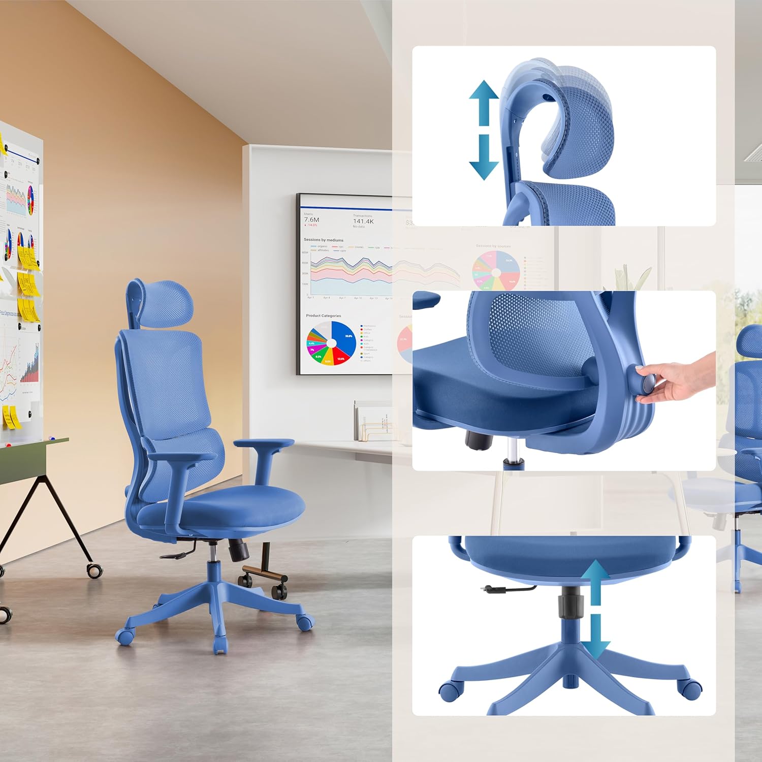 Bürostuhl Ergomy Colore – ergonomischer Schreibtischstuhl, atmungsaktiver Rückenlehne, Verstellbarer Lordosenstütze, 3D Armlehnen & Kopfstütze, Blau