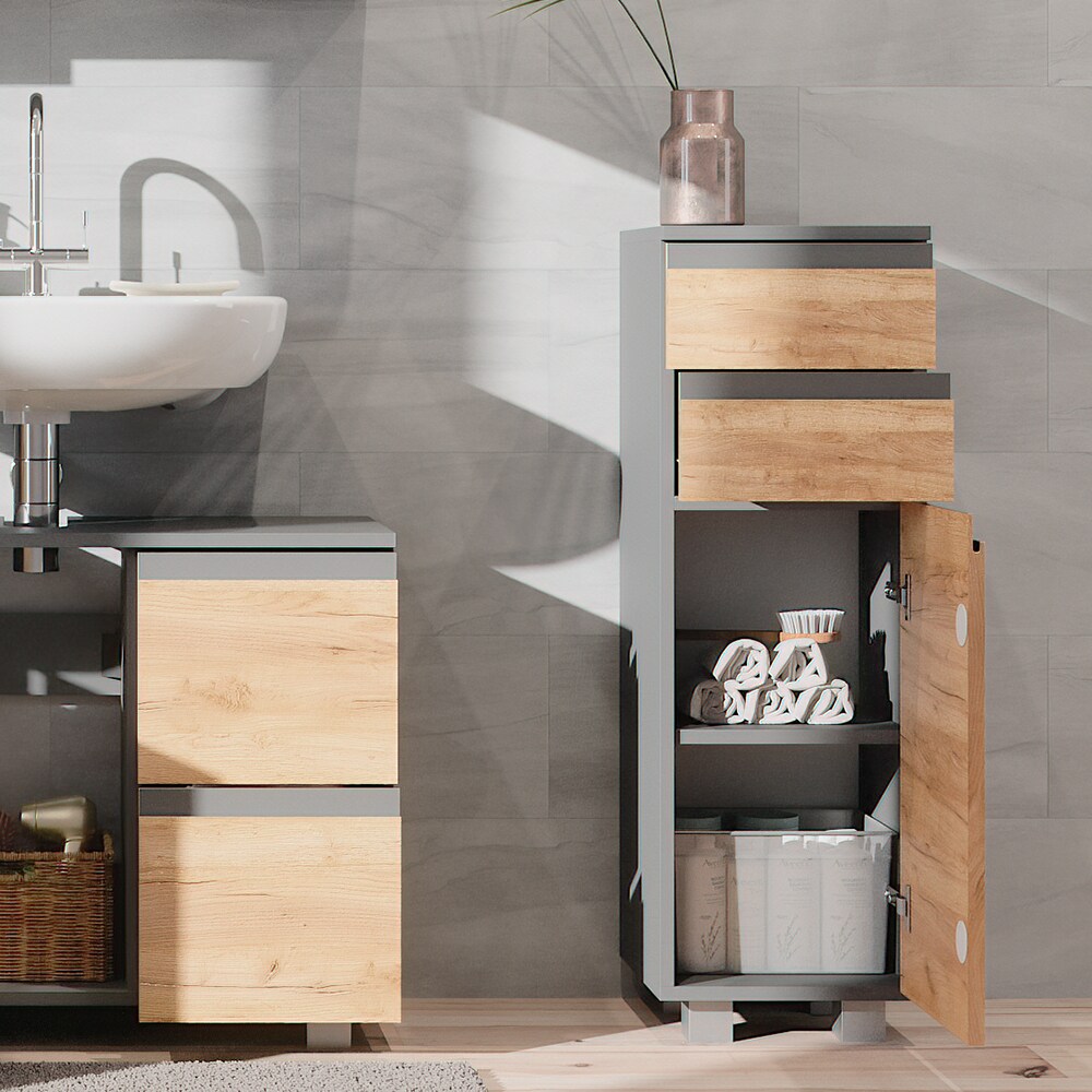 Vicco Midischrank Badschrank Badezimmermöbel J-shape Anthrazit Eiche modern 30x95cm Badezimmer Schrank Badmöbel Schranktür Schrankschublade Schrankfach Ablage Aufbewahrung