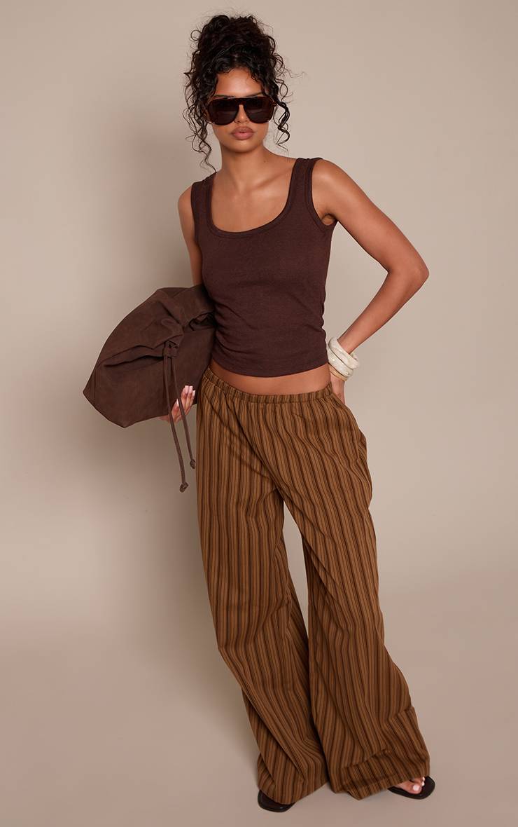 Marron Pantalon Large À Rayures Avec Taille Froncée