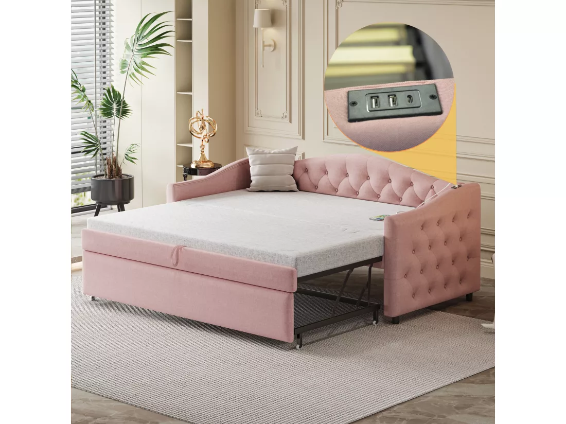 Lit gigogne 90x200cm & 90x190cm en lin - avec port USB et sommier à lattes - Rose