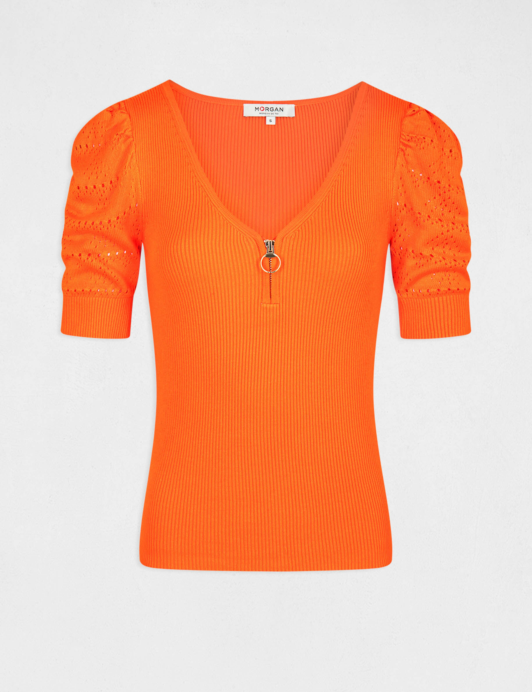 Pull manches courtes avec col en V orange femme - orange